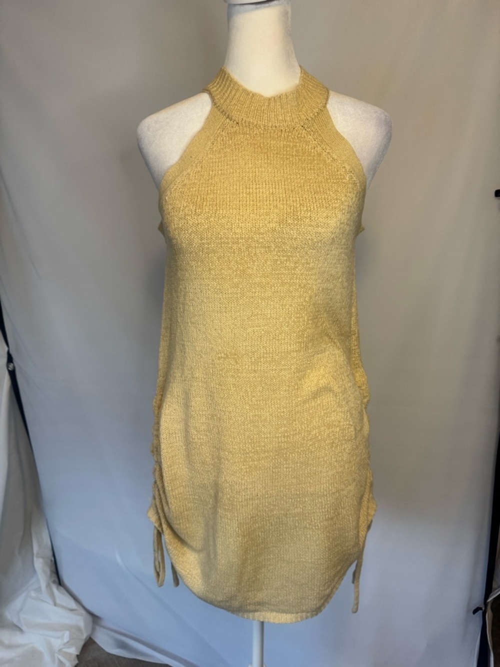 Women’s Yellow Knit Halter Midi Dress, Sinched Side Detailw/ Ties